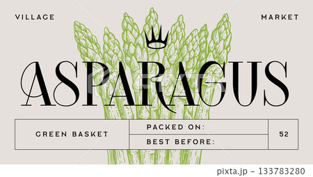 Asparagus, vegetable. Tag, label, sign, vintage retro print, black white asparagus drawing, sketch ink pencil draw, engrave old school style. Sketch artwork silhouette asparagus. Vector Illustration 133783280