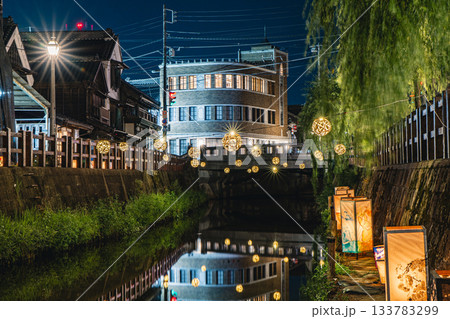 小野川沿いの夕涼み灯りと佐原の町並み 竹毬灯り 133783299