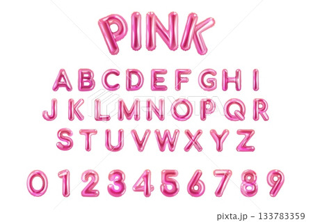 Pink balloon font. 3d bubble gum alphabet, cute glossy effect realistic inflated letters girl baby shower birthday party kid text y2k design, isolated exact vector illustration 133783359