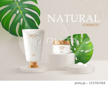 Natural cosmetic cream. Realistic skincare product, cream tube and jar on podium for display beauty product brand advertising 3d lotion moisturizer container vector illustration 133783368