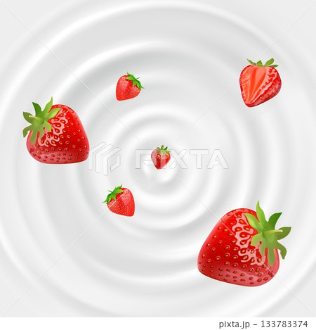 Falling strawberry in milk. Realistic flying straw berry above fall yogurt top view, red berries milkshake advertising background template dairy fruit product vector illustration 133783374