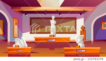 Cartoon museum room. Gallery exhibition interior, ancient greek statue medieval rome sculpture roman marble bust broken vase for wine art painting on wall hall vector illustration Cartoon museum room. Gallery exhibition interior, ancient greek statue medieval rome sculpture roman marble bust broken vase for wine art painting on wall hall vector illustration 133783376