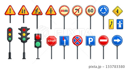 Cartoon traffic elements. Street road rule signs traffic light signals for kids safety rules, car caution and warning stop signal or city signpost set kicky vector illustration 133783380