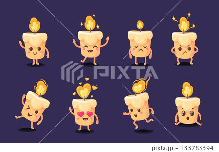 Cartoon candle characters. Cute candles with fire flame burn wick light, funny kawaii birthday christmas mascot candlelight character emotion expression neat vector illustration 133783394