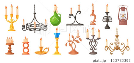 Cartoon candlesticks. Vintage candelabrum, golden brass candlestick chandelier antique lamp stand candle holder retro lantern candelabra victorian interior neat vector illustration 133783395