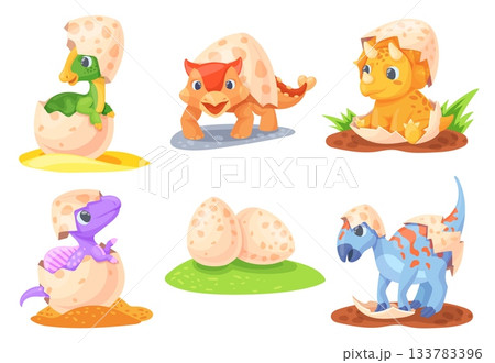 Cartoon baby dinosaurs. Cute dino newborn hatch in egg, dinosaur birthday happy kid characters jurassic period childish animal reptile dragon child set, neat vector illustration 133783396