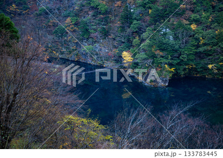 秋の寸又峡、エメラルドの湖に架かる夢の吊り橋の静寂風景 133783445