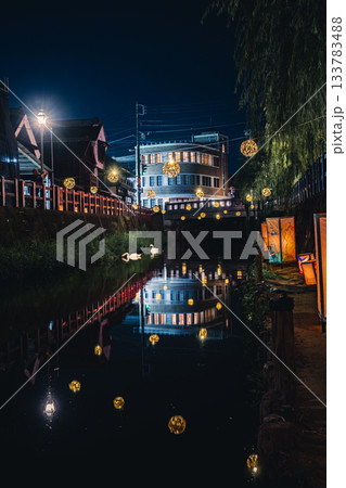 小野川沿いの夕涼み竹毬灯りと佐原の町並みと白鳥 133783488