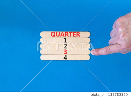 3rd third quarter 3 symbol. Concept word Quarter 3 on beautiful wooden sticks. Beautiful blue background. Businessman's hand. Business, happy 3rd third quarter 3 Q3 concept. Copy space. 133783530