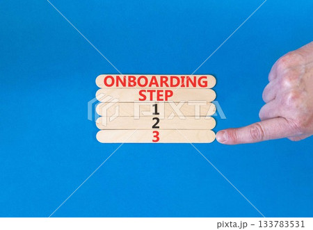 Time to step 3 onboarding symbol. Concept words Onboarding step 3 on beautiful wooden block. Businessman's hand. Beautiful blue background. Business success step 3 onboarding concept. Copy space. 133783531
