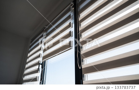 Interior design with double zebra blinds filtering daylight through glass window 133783737