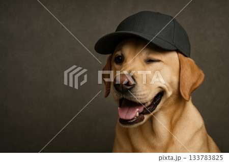 A Labrador in a cap winks in front of the studio. Space for text. A Labrador in a cap winks in front of the studio. Space for text. 133783825