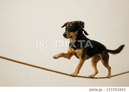 A blindfolded dog walking cautiously on a tightrope. Space for text. 133783842