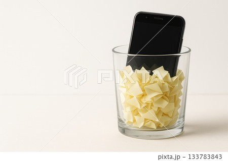 A phone in a glass filled with paper stickers. Space for text. A phone in a glass filled with paper stickers. Space for text. 133783843