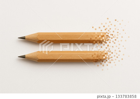 Two pencils crumbling into pixelated pieces. Space for text. 133783858