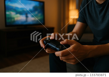 Man playing with gamepad in front of TV. 133783871