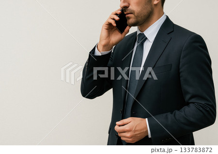 Business man in suit talking on smartphone. Space for text. 133783872