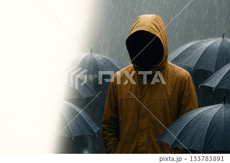 A man in a hood among umbrellas in the rain, without a face. Space for text. 133783891