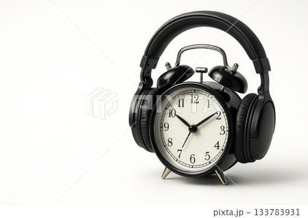 Alarm clock in black headphones. Space for text. Alarm clock in black headphones. Space for text. 133783931