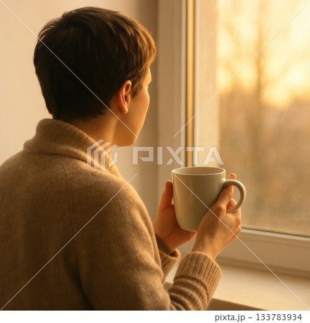 A man with a mug of hot drink looks out the window at dawn. A man with a mug of hot drink looks out the window at dawn. 133783934