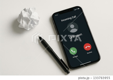 A smartphone with an incoming Unknown call on the table. 133783955