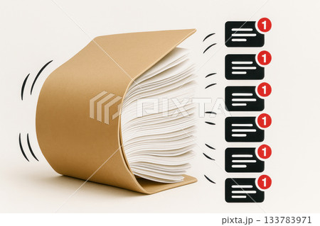 A thick folder with documents is surrounded by notifications. 133783971