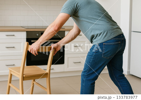 A man moves a wooden chair in the kitchen. A man moves a wooden chair in the kitchen. 133783977