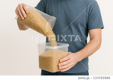 A man pours rice into a plastic container. A man pours rice into a plastic container. 133783980