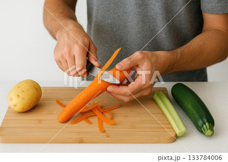 A man peels carrots with a knife on a cutting board. 133784006