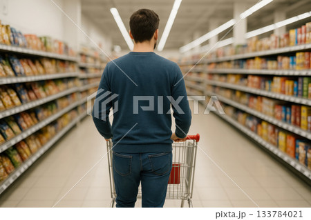 A man with a cart walks down the aisle of a supermarket. A man with a cart walks down the aisle of a supermarket. 133784021