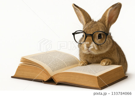 Rabbit in glasses reading an open book. Space for text. Rabbit in glasses reading an open book. Space for text. 133784066