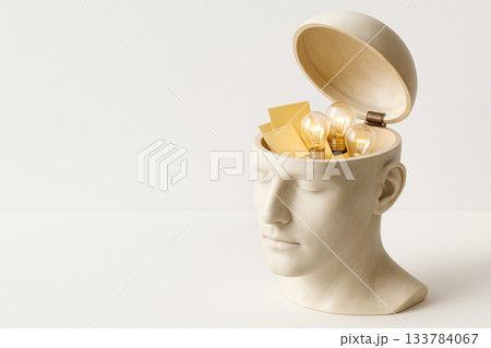 An open head with burning lamps and notes inside. Space for text. 133784067