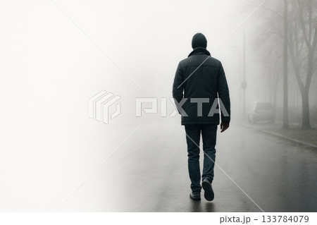 A lonely man walking down a foggy city street. Space for text. 133784079