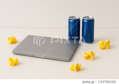 A laptop with cans of drinks and crumpled notes on the table. Space for text. 133784102