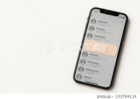 A patch on the smartphone screen with a list of contacts. Space for text. A patch on the smartphone screen with a list of contacts. Space for text. 133784114