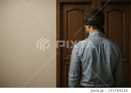 A blindfolded man standing in front of a closed wooden door. Space for text. A blindfolded man standing in front of a closed wooden door. Space for text. 133784126