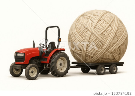 A red tractor is pulling a huge ball of thread on a trailer. 133784192