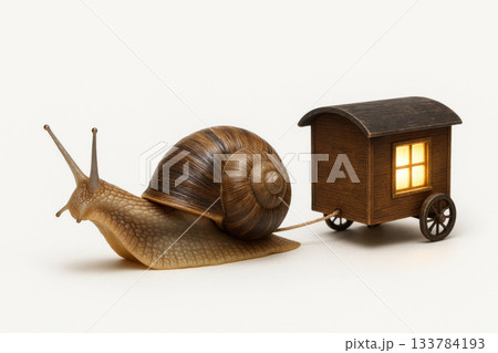 A snail pulls a miniature wooden house on wheels. 133784193