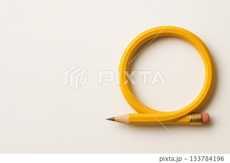 A yellow pencil twisted into a closed ring on a light background. Space for text. 133784196