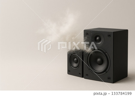 Black studio music speakers with a sound wave effect on a neutral background. Space for text. Black studio music speakers with a sound wave effect on a neutral background. Space for text. 133784199