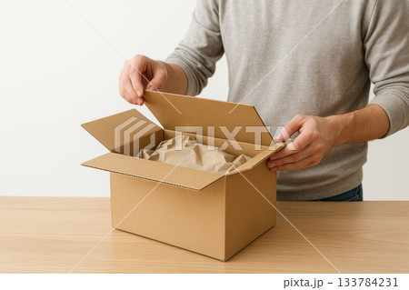 A man opens a cardboard box on the table. Space for text. 133784231
