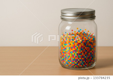 Glass jar with multi-colored pixel squares on the table. Space for text. Glass jar with multi-colored pixel squares on the table. Space for text. 133784235