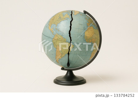 A globe with a deep crack in the middle. Space for text. A globe with a deep crack in the middle. Space for text. 133784252