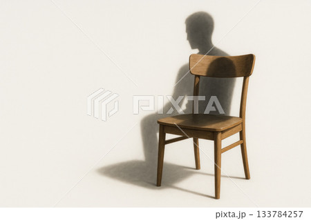 An empty chair casts the shadow of a sitting person. Space for text. An empty chair casts the shadow of a sitting person. Space for text. 133784257