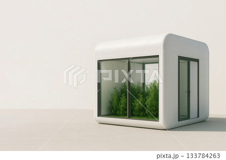 Minimalistic modular pavilion with green plants inside. Space for text. 133784263
