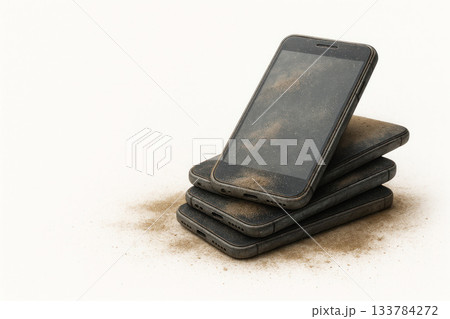 Stack of old dusty smartphones on a sandy surface. Space for text. Stack of old dusty smartphones on a sandy surface. Space for text. 133784272
