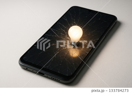A smartphone with a broken screen and a glowing light bulb. Space for text. 133784273