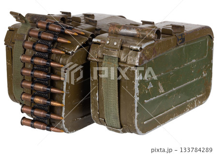 Ammo boxes with ammunition belt and 7.62 mm cartridges for kalashnikov PK or PKM machine gun isolated on white. 133784289