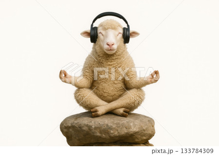 A sheep in headphones meditates in the lotus position on a stone. Space for text. 133784309