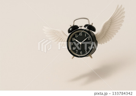 A black alarm clock with white wings, symbolizing running time. Space for text. A black alarm clock with white wings, symbolizing running time. Space for text. 133784342